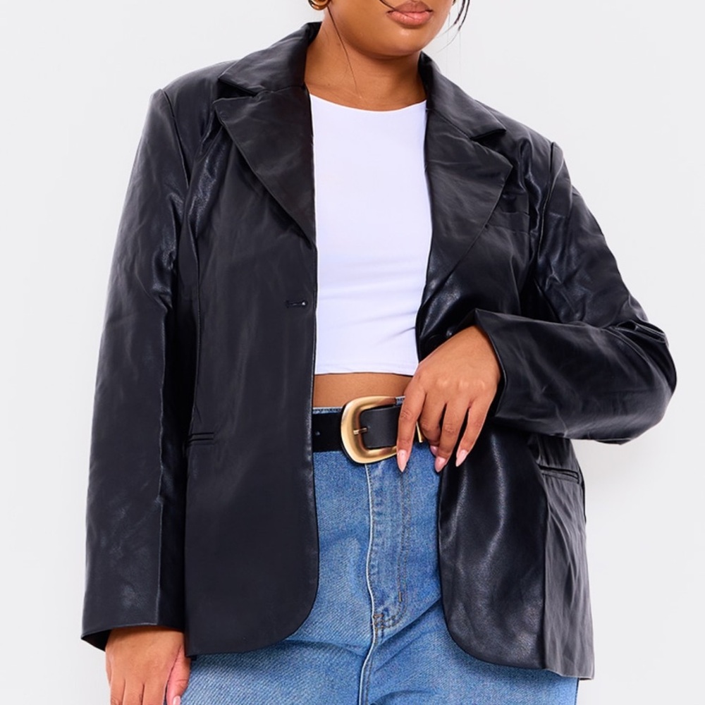 PrettyLittleThing Plus Black Faux Leather Blazer